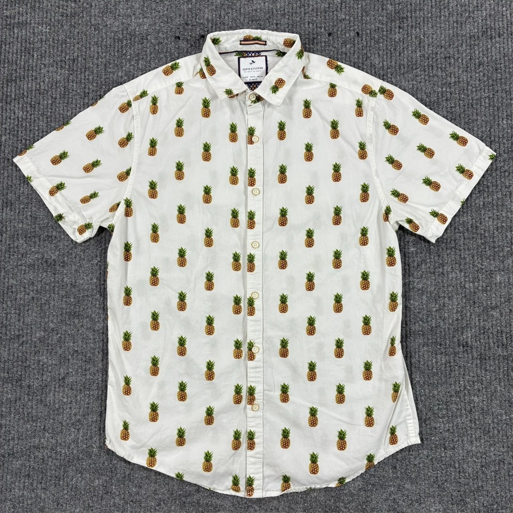 Denim & Flower Ricky Singh Mens M Slim Fit Button Up Shirt White Pineapple Print